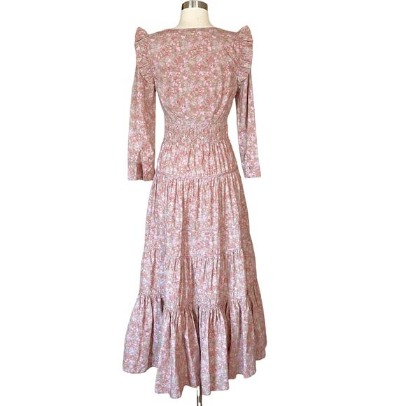 LOVESHACKFANCY Lyna Maxi Dress Tan Garden Cotton Ruffle Floral Pink S 4-6 Sample - Picture 3 of 14
